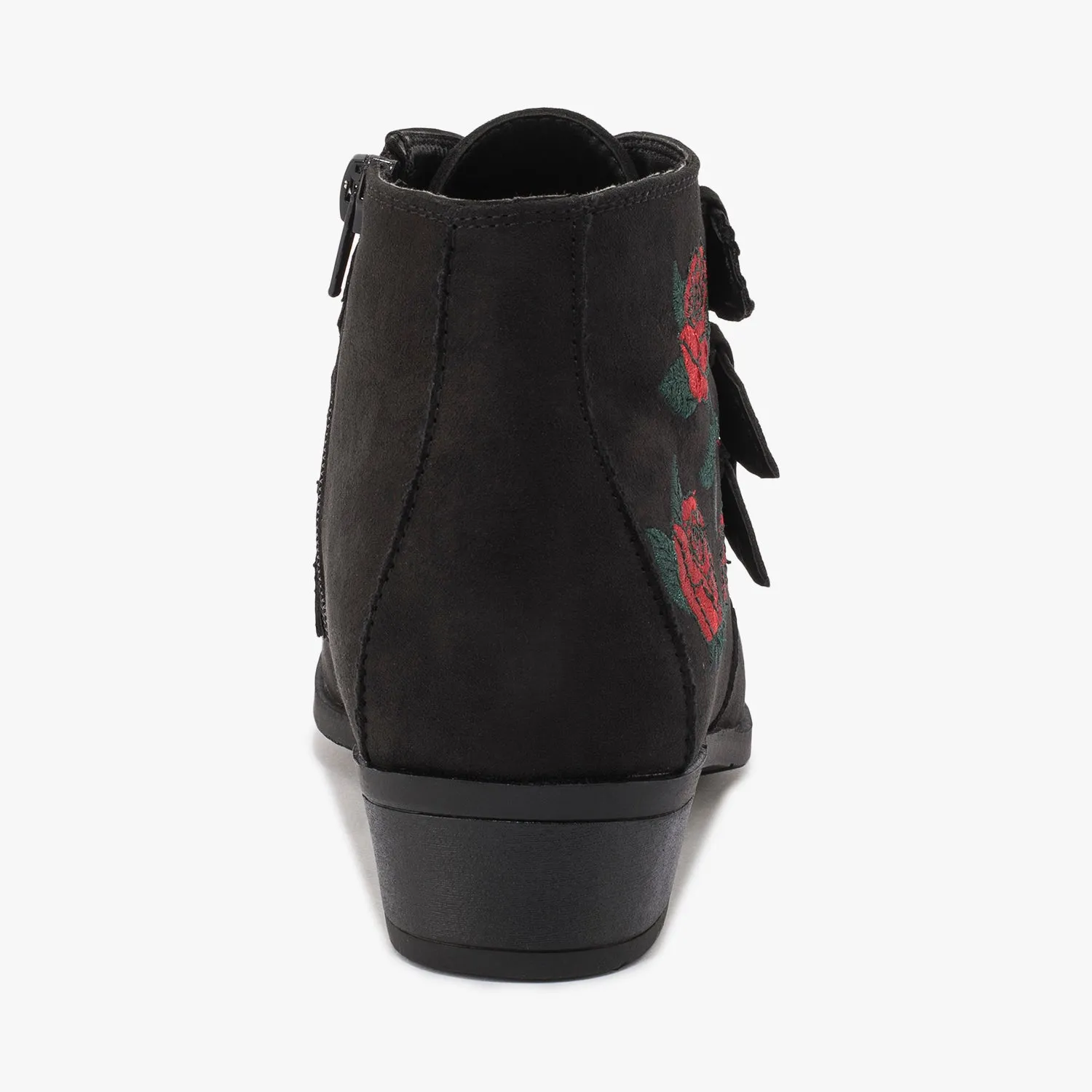 Black Faux Suede Embroidery Buckle Ankle Boot