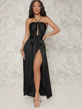 Satin Backless Cut Out Belted Split Thigh Dress