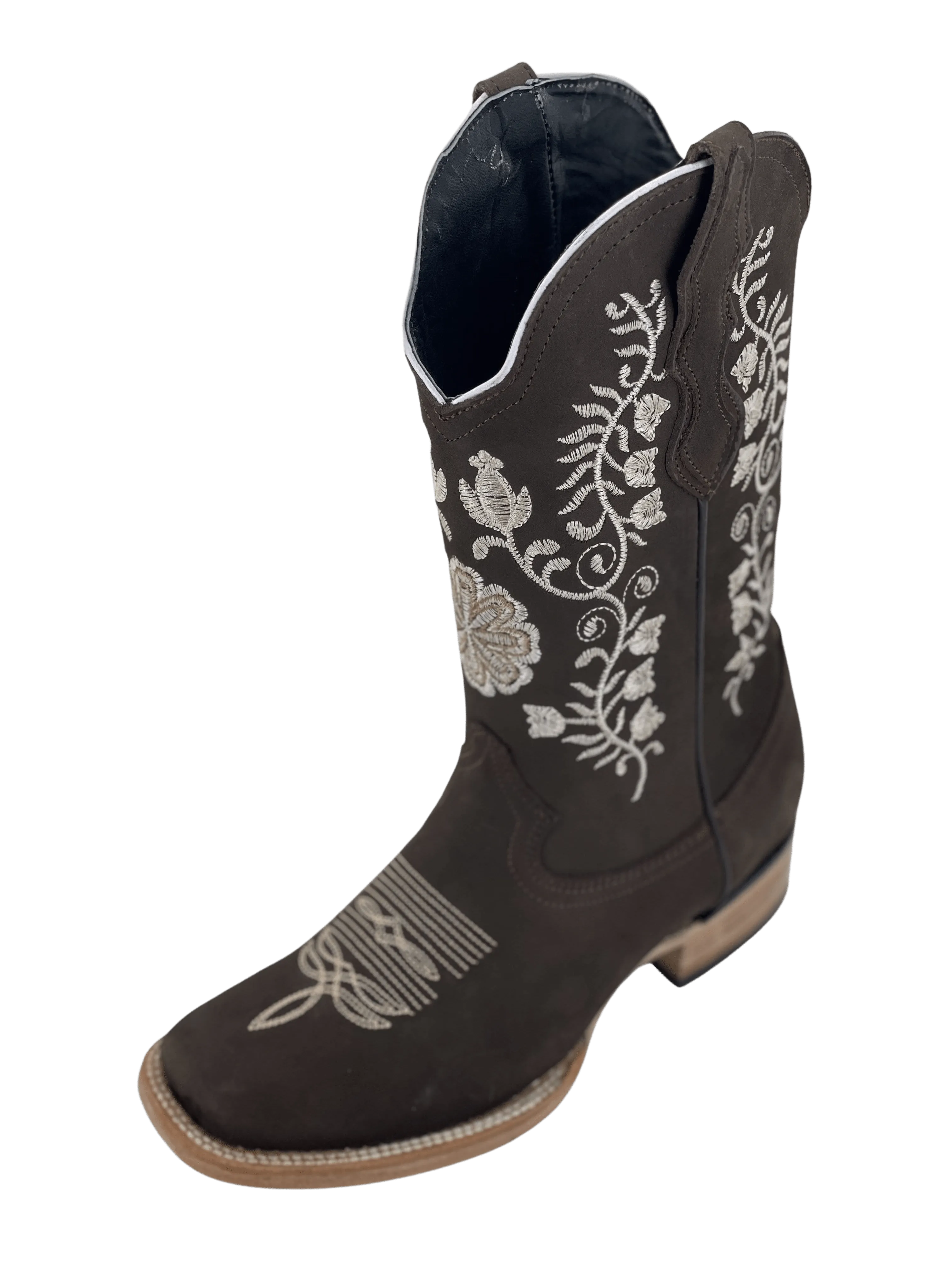 Women’s Brown Nobuck with Natural Flowers Square Toe Rodeo Boot