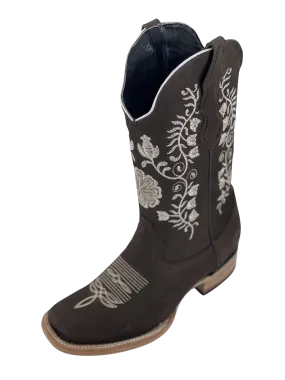 Women’s Brown Nobuck with Natural Flowers Square Toe Rodeo Boot