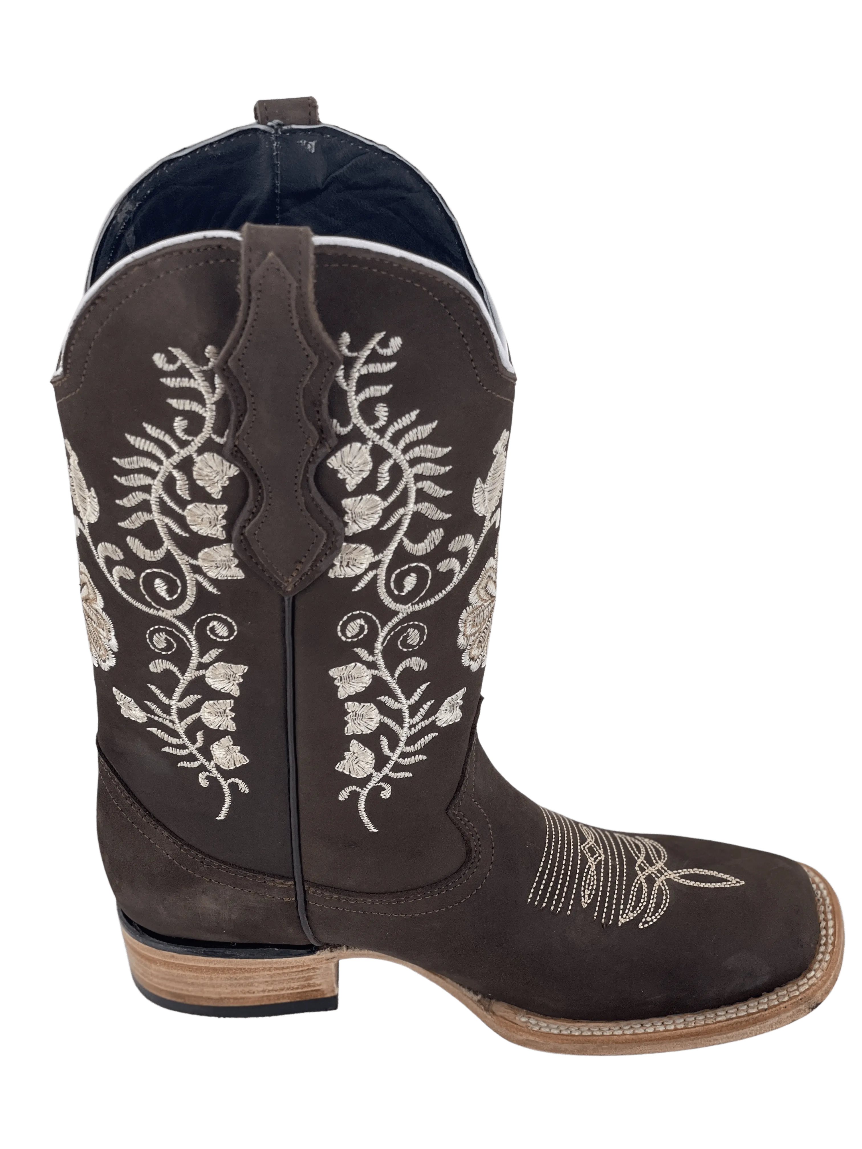 Women’s Brown Nobuck with Natural Flowers Square Toe Rodeo Boot