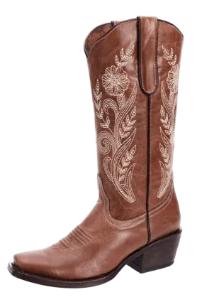 Women's Light Brown with Natural Stem Designed Leather Square Toe Rodeo Boot