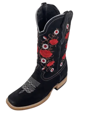 Women’s Red Rose Nobuck Black Square Toe Rodeo Boot